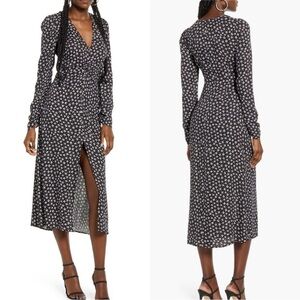 AFRM Madden Ruched Long Sleeve black and white Floral midi dress: Size: M